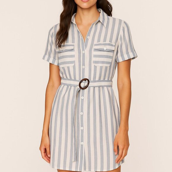 Heartloom Dresses & Skirts - Heartloom Blue White Striped Shirt Dress Medium Belted 100% Cotton